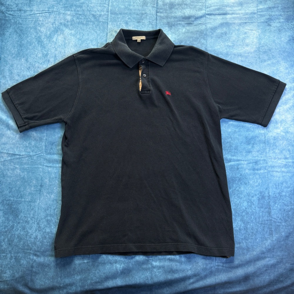 Burberry London Mens Black Pique Polo Shirt Red Knight Logo Nova Check Placket L - Picture 7 of 8